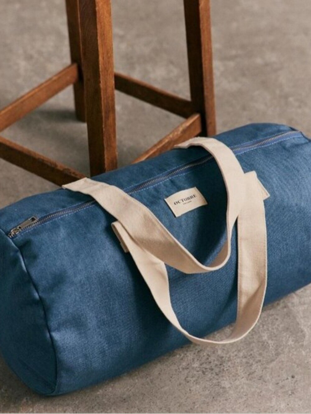 OCTOBRE/Sezane Blue Canvas Duffel Bag with Cream Handles